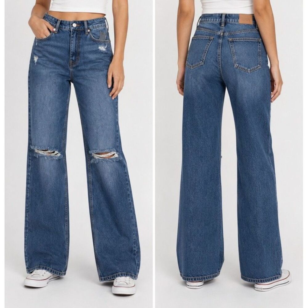 Zara Straight Full Length Distressed Jeans Blue 0